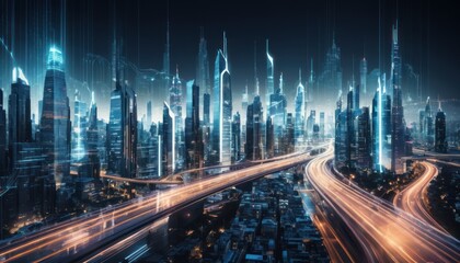 Futuristic Metropolis at night, neon lights illuminating the modern cityscape