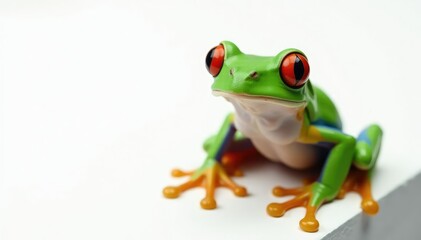 Obraz premium Green tree frog perched on white, vibrant skin, large eyes , tree frog, toes