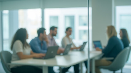 Fototapeta premium Group of Professionals Engaged in Collaborative Meeting Inside Modern Office Environment with Laptops