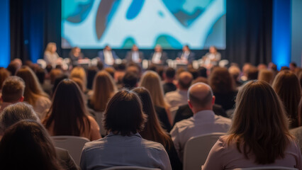 Professional Conference Scene with Audience View and Panel Discussion in a Modern Venue Setting