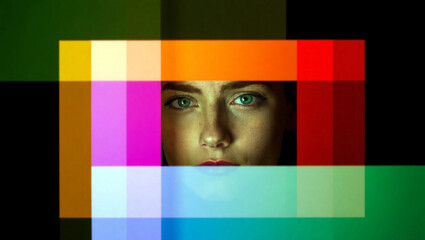 Captivating portrait of a woman with green eyes framed by overlapping translucent color blocks, blending digital abstraction with emotional depth in a modern artistic style