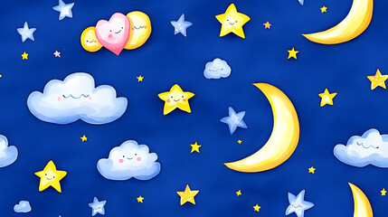Crescent Moon and Stars Night Sky Cartoon Watercolor Seamless Pattern