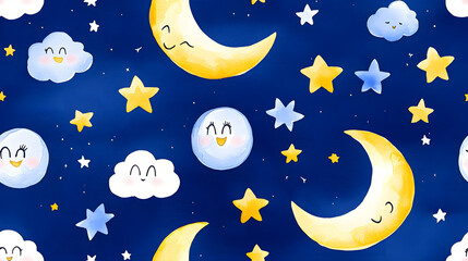 Naklejka premium Crescent Moon and Stars Night Sky Cartoon Watercolor Seamless Pattern
