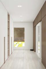 Bright minimalist hallway with light wooden flooring, built-in cabinets, and a large window overlooking a modern garden. Clean lines and natural tones create a serene atmosphere