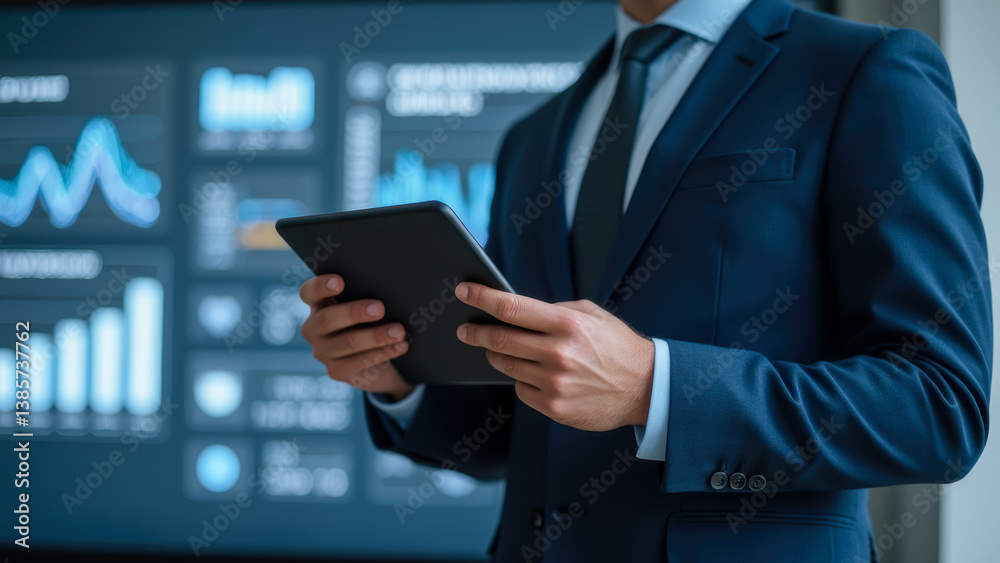 Poster business professional analyzing data on tablet device in modern office setting with graphs and chart