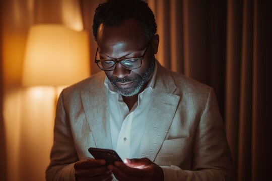 Mature African American businessman using smartphone in hotel room at night. Concept of business travel, digital communication, and jet lag fatigue in executive lifestyle