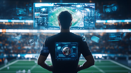 An AI powered system enhancing sports performance by analyzing real time player data and game statistics, futuristic AI-driven sports analytics platform, Sports technology style