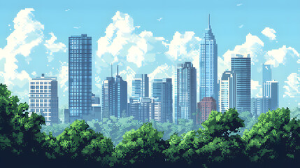 Obraz premium Pixel art city skyline with skyscrapers illustration background