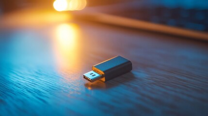 USB drive resting on wood grain surface under warm and cool light, hinting at data transfer and digital connectivity.