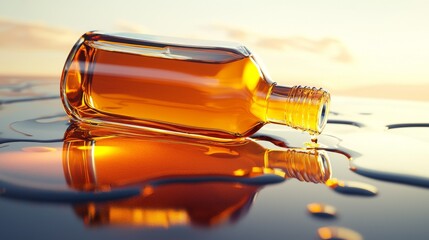 A bottle of amber liquid rests on a reflective surface at sunset.