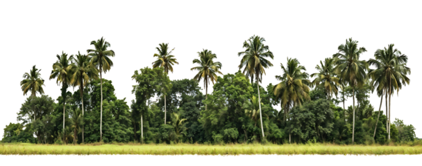 Natural landscape showing a lush grove of tall coconut palm trees against a transparent  background, creating a tropical island scenery with dense green foliage