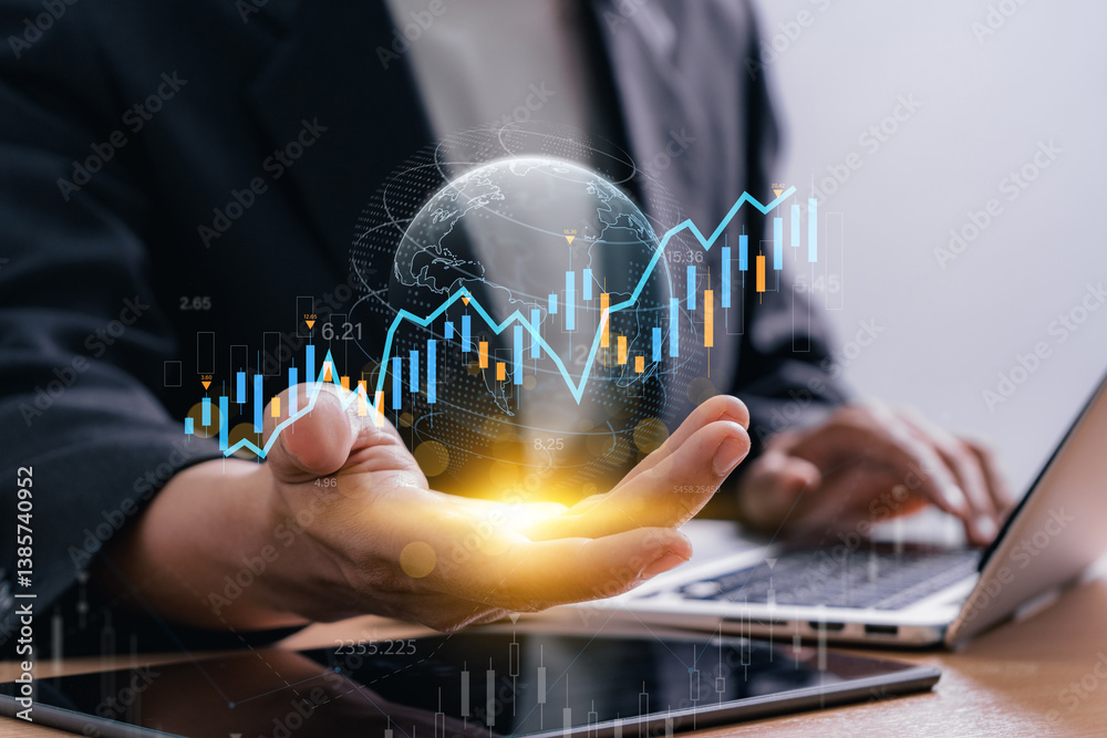 Poster Financial technology visualized with global graph floating above hand, showing investment progress, data analytics, and digital economy trends managed through professional tools in business setting