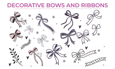 Hand drawn whimsical style bow's collection dividers and frames vector.