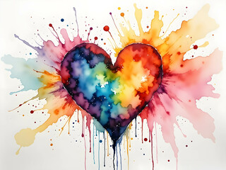 Illustration of a heart symbol in Pride rainbow LGBTQ flag colours, Pride month, love and acceptance, alcohol ink splash