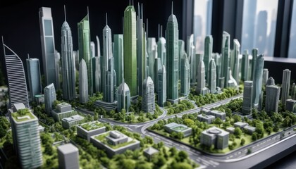 Architectural model of modern city skyline featuring skyscrapers and greenery