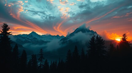 A breathtaking sunset over a mountain range with dramatic swirling clouds and silhouetted trees in the foreground.