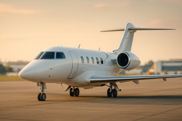 Private Jet on the Runway at Sunset Near a Busy Airport With Soft Golden Light