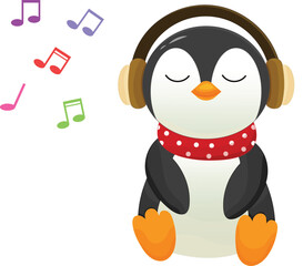 Vector illustration of a cute penguin wearing headphones, symbolizing music and entertainment