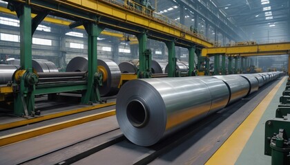 Metal coils, industrial manufacturing, and machinery in a manufacturing factory
