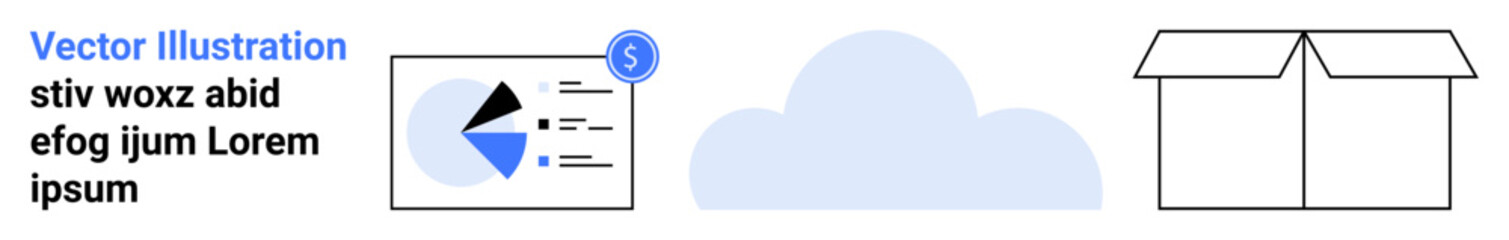 Chart with pie and bar graph for analytics, cloud for storage solutions, and open box for shipping. Ideal for business, marketing, logistics, tech, e-commerce, cloud systems and simple landing page