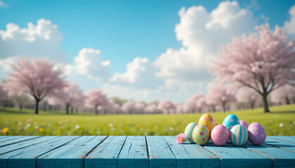 Brightly colored Easter eggs on a blue wooden table, with a scenic field in the background. 
