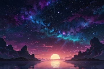 Surreal Anime Night Sky with Cosmic Nebula and Floating Islands V4