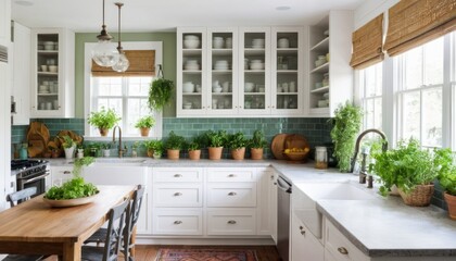 Sunlit Kitchen with Indoor Herb Garden and Elegant White Cabinetry Design