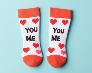 Playful handwritten typography,  You  Me  printed on cozy socks, paired with tiny illustrated hearts, perfect for Valentinethemed apparel