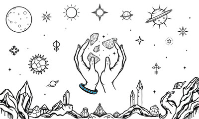 mystical illustration featuring hands holding crystals surrounded by celestial elements like planets, stars, and moons, evoking sense of wonder and connection to universe