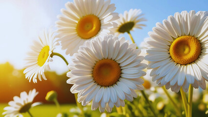 Fototapeta premium Beautiful daisy flowers blooming against a clear blue sky