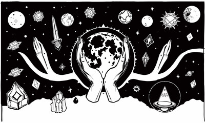 Naklejka premium mystical illustration featuring hands holding large moon surrounded by various celestial elements like stars, planets, and crystals, evoking sense of wonder and magic
