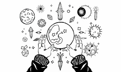 mystical illustration featuring hands holding globe surrounded by celestial elements like planets, stars, and crystals, evoking sense of wonder and magic