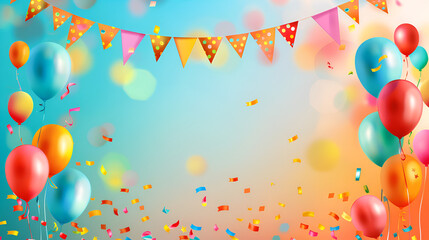 Vibrant Party Background: Colorful Balloons, Confetti, and Festive Bunting for Celebration Designs
