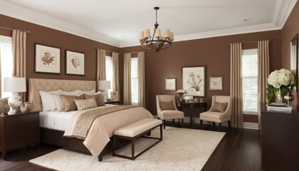 Elegant bedroom interior showcasing warm color palette and sophisticated decor elements