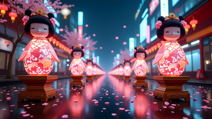 Enchanting Hina Doll Display in a Futuristic Cityscape, A Blend of Tradition and Technology Showcasing the Beauty of Japanese Heritage and Modern Innovation