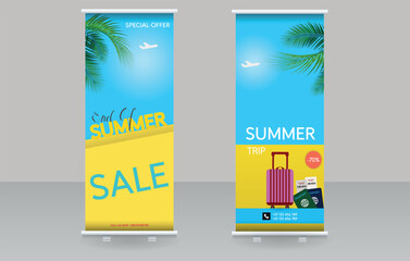 Naklejka premium Roll Up Travel Banner with Passports, Plane Tickets, Luggage and World Map. Vacation and Tourism Concept.