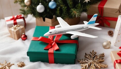 Dreaming of a Christmas Vacation: Airplane Model on Gift Box Holiday Celebration