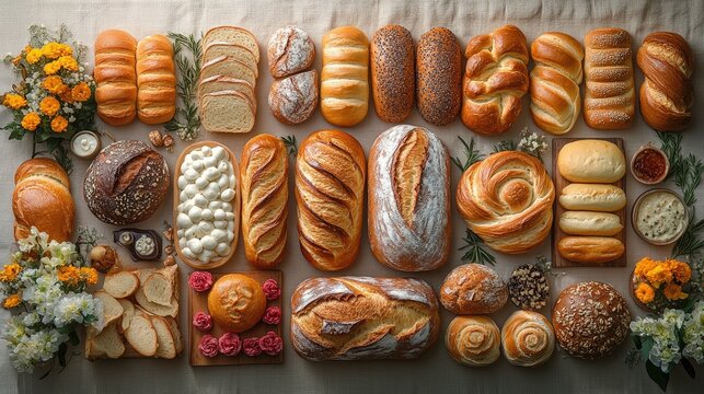 Artisan Bread Assortment: A mouthwatering overhead shot of a diverse array of freshly baked artisan bread loaves, showcasing the artistry of bread-making. The image is a food photography.