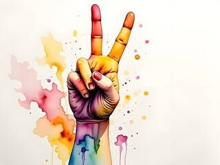 Close-up illustration of a hand with two-fingers raised in a V for victory sign coloured in pink, yellow, blue pansexual flag colours