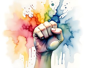 close-up Illustration of a hand raised in a fist representing 2SLGBTQ+ solidarity, strength and empowerment, coloured in Pride flag rainbow colours with an alcohol ink splash 