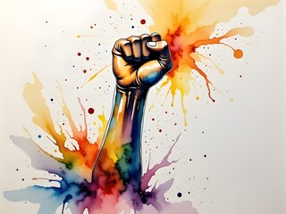 Illustration of a hand raised in a fist representing 2SLGBTQ+ solidarity, strength and empowerment, coloured in Pride flag rainbow colours with an alcohol ink splash 