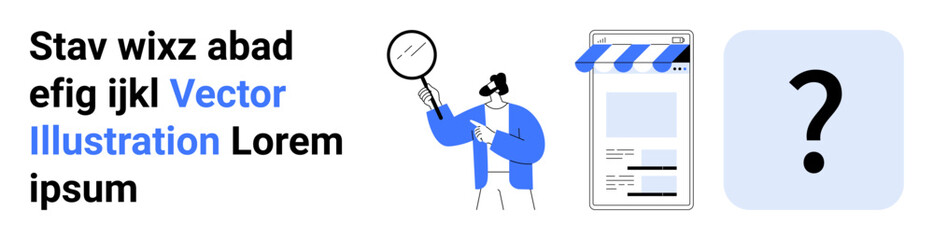 Man holding magnifying glass inspecting web page interface beside an online store and question mark. Ideal for analysis, e-commerce, research, marketing, problem-solving, education, simple landing