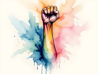 Illustration of a hand raised in a fist representing 2SLGBTQ+ solidarity, strength and empowerment, coloured in Pride flag rainbow colours with an alcohol ink splash 