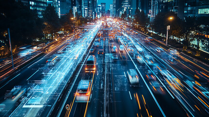 An AI powered system enhancing traffic flow prediction by analyzing real time vehicle movement and road conditions, futuristic AI-driven traffic management system, Transportation technology style