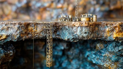 Naklejka premium Miniature oil rig on rock formation, with shaft and detailed metal construction