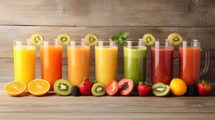Fototapeta premium Colorful fruit juices on wooden table