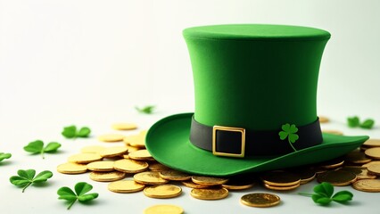 A green top hat sitting on top of a pile of gold coins.