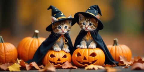 Two adorable kittens dressed in miniature witch costumes sit atop carved pumpkins amidst autumn leaves.