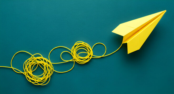 Yellow Paper Airplane Tethered by String on Teal Background Symbolic of Flight And Freedom - Powered by Adobe