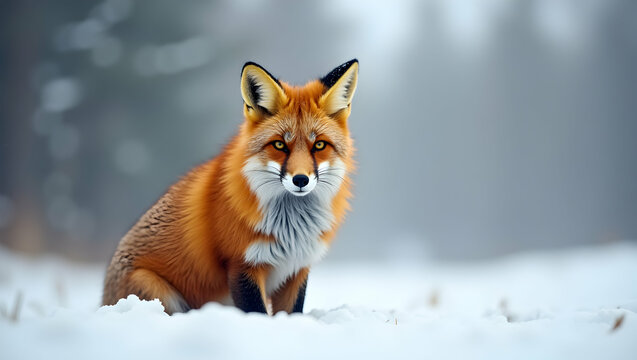 Captivating portrait of a majestic red fox amidst a serene winter landscape, showcasing its beauty and adaptability in a snowy environment, evoking a sense of nature's wonder